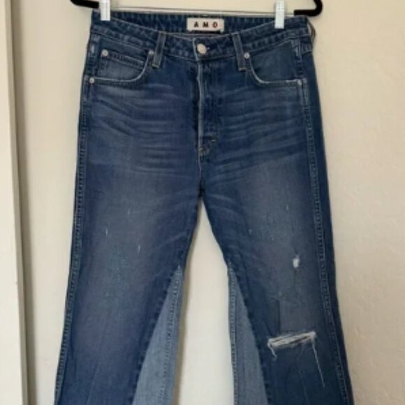 AMO Denim Bootcut Flare Babe Dive Bar Destroy Mixed Colorblock Rework Style Jean - Picture 1 of 7